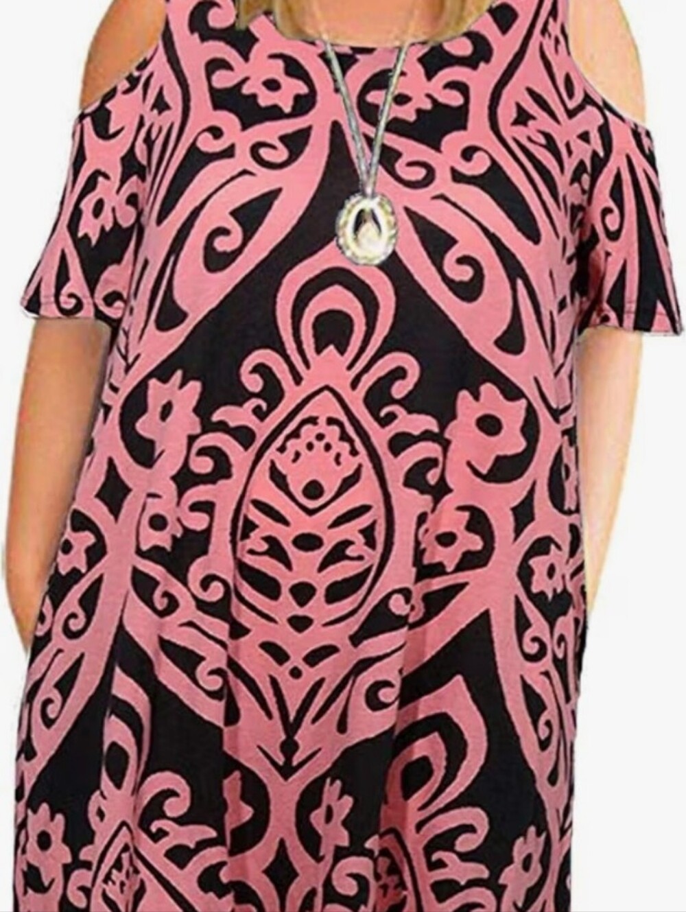 Kancystore Cold Shoulder Dress 2XL Pink Dark Gray Pockets